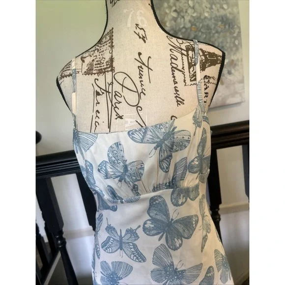 Shekou Satin Dress Size Large Blue And‎ White Butterfly New - Picture 2 of 6
